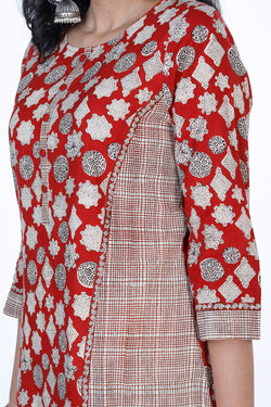 Image of Chilli Red color bagru hand block printed pure cotton kurti