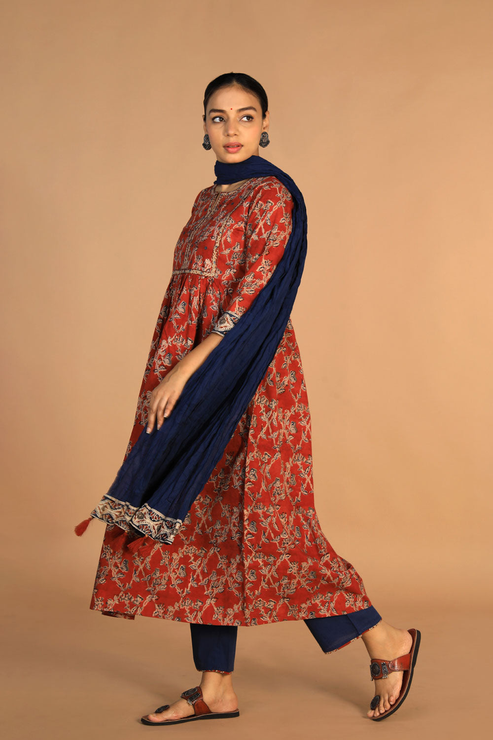 Collection of Maroon Kalamkari Kurti With Pant And Dupatta in a gallery layout