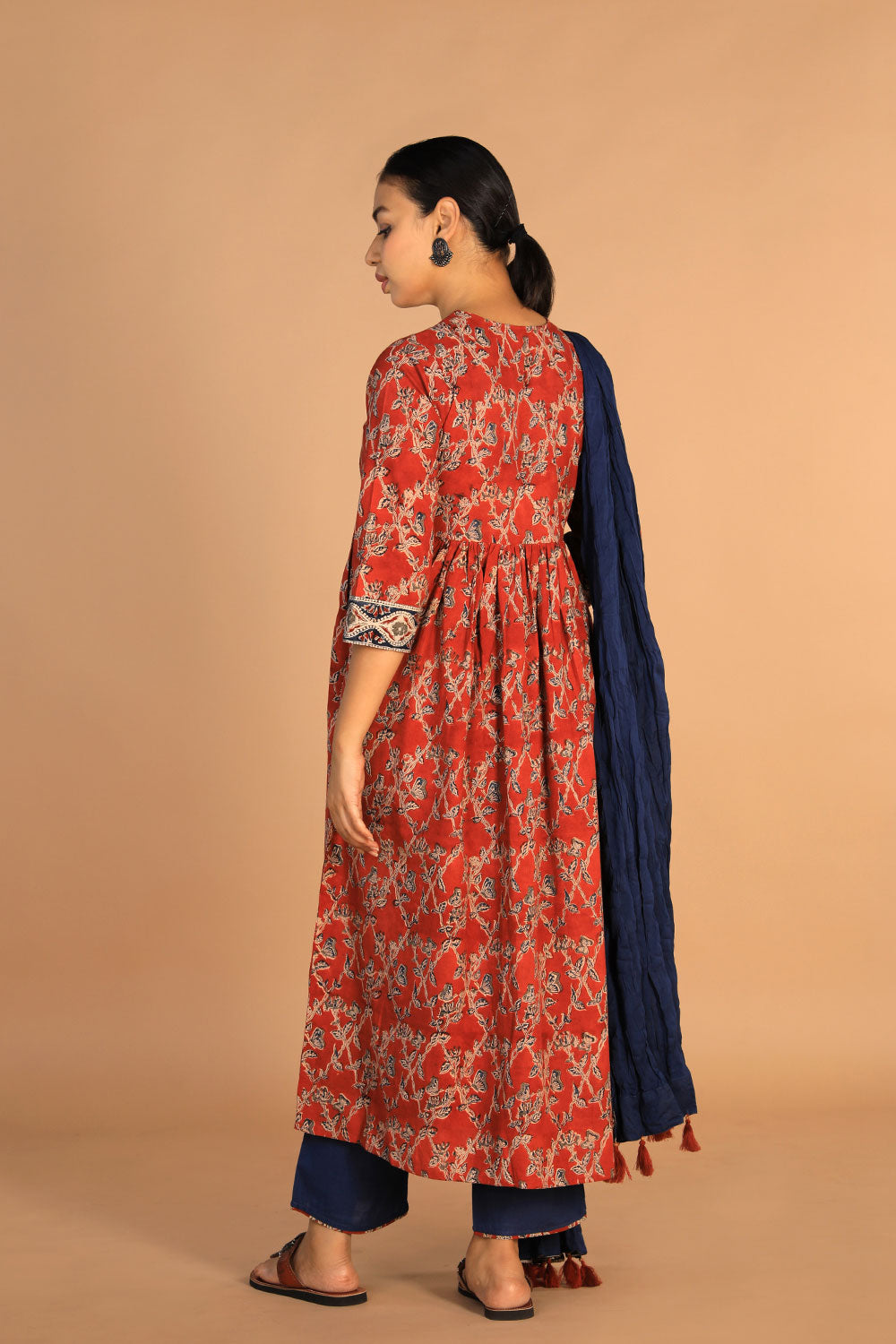 Collection of Maroon Kalamkari Kurti With Pant And Dupatta in a gallery layout