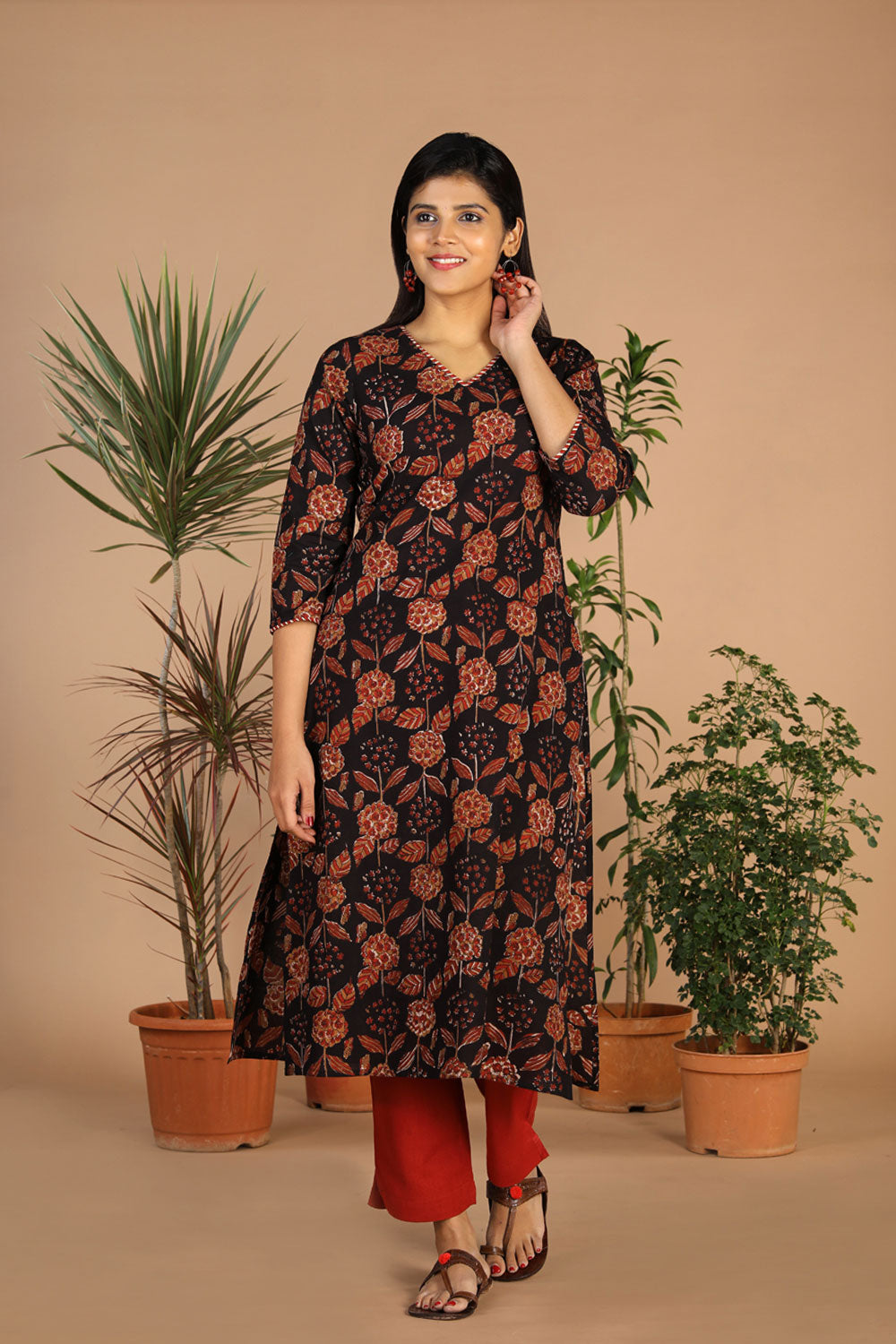 Collection of Deep Black Cotton Bagru Kurti in a gallery layout