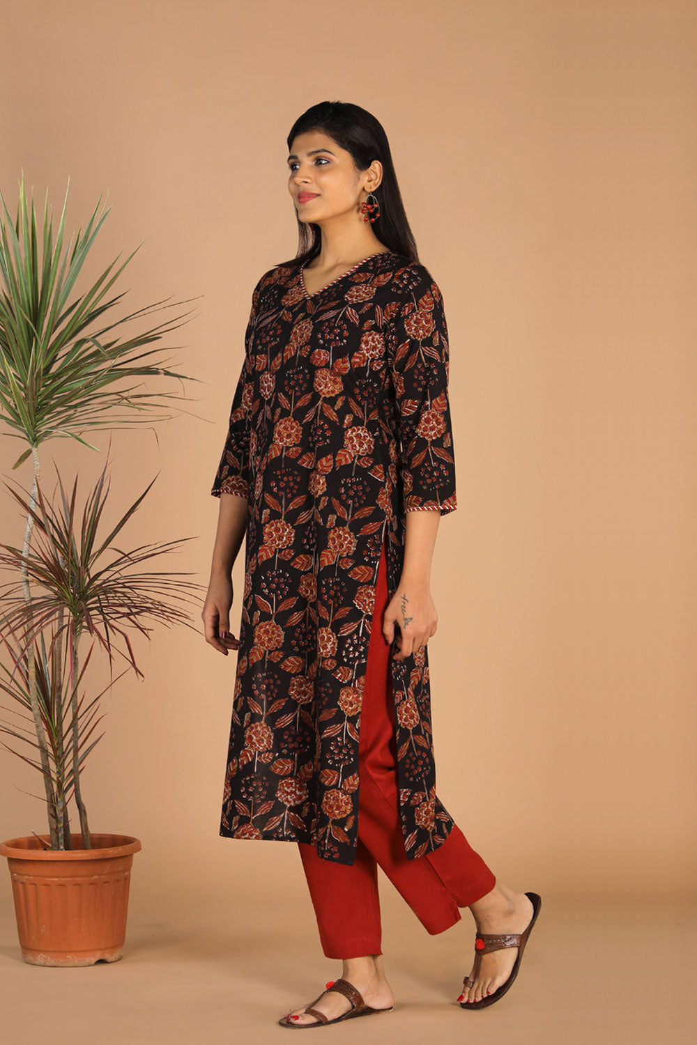 Collection of Deep Black Cotton Bagru Kurti in a gallery layout