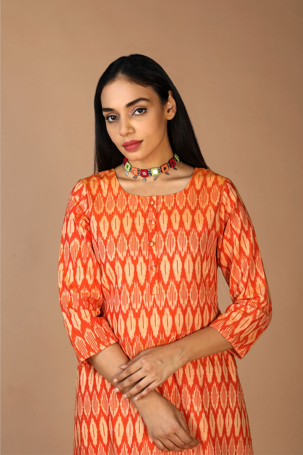 Collection of Cottan Ikat kurti in a gallery layout