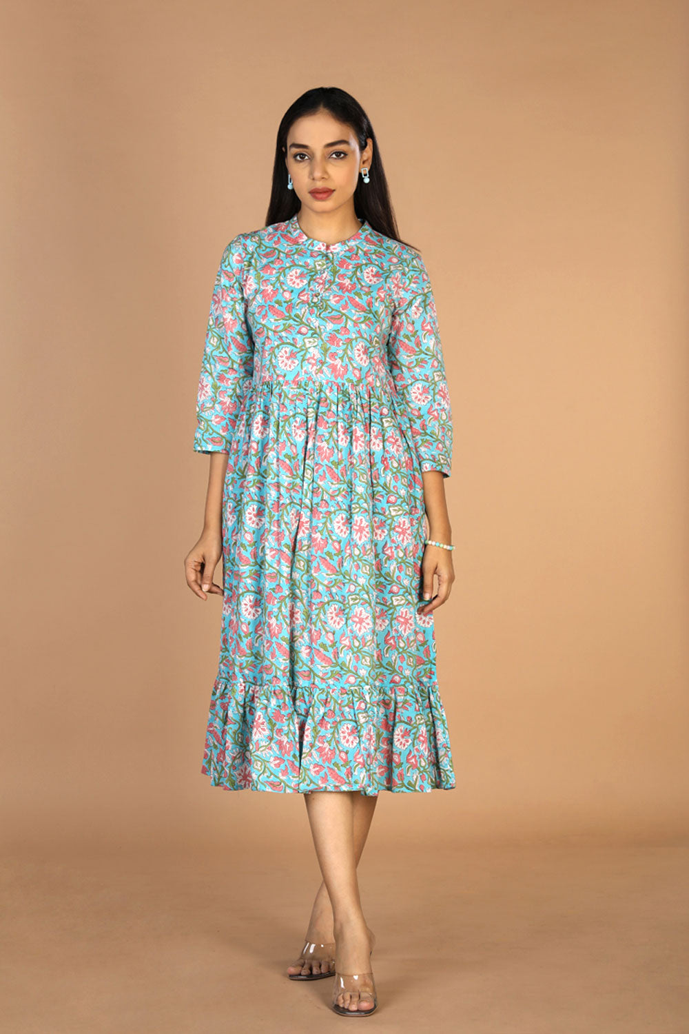 Collection of Floral Sanganeri hand block printed cotton dress in a gallery layout