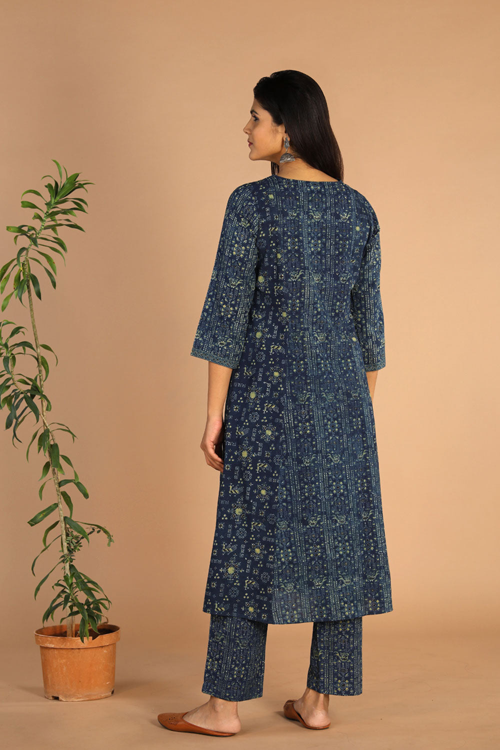 Collection of Indigo Ajrak Handblockprinted Cotton Kurta, Pants Set in a gallery layout