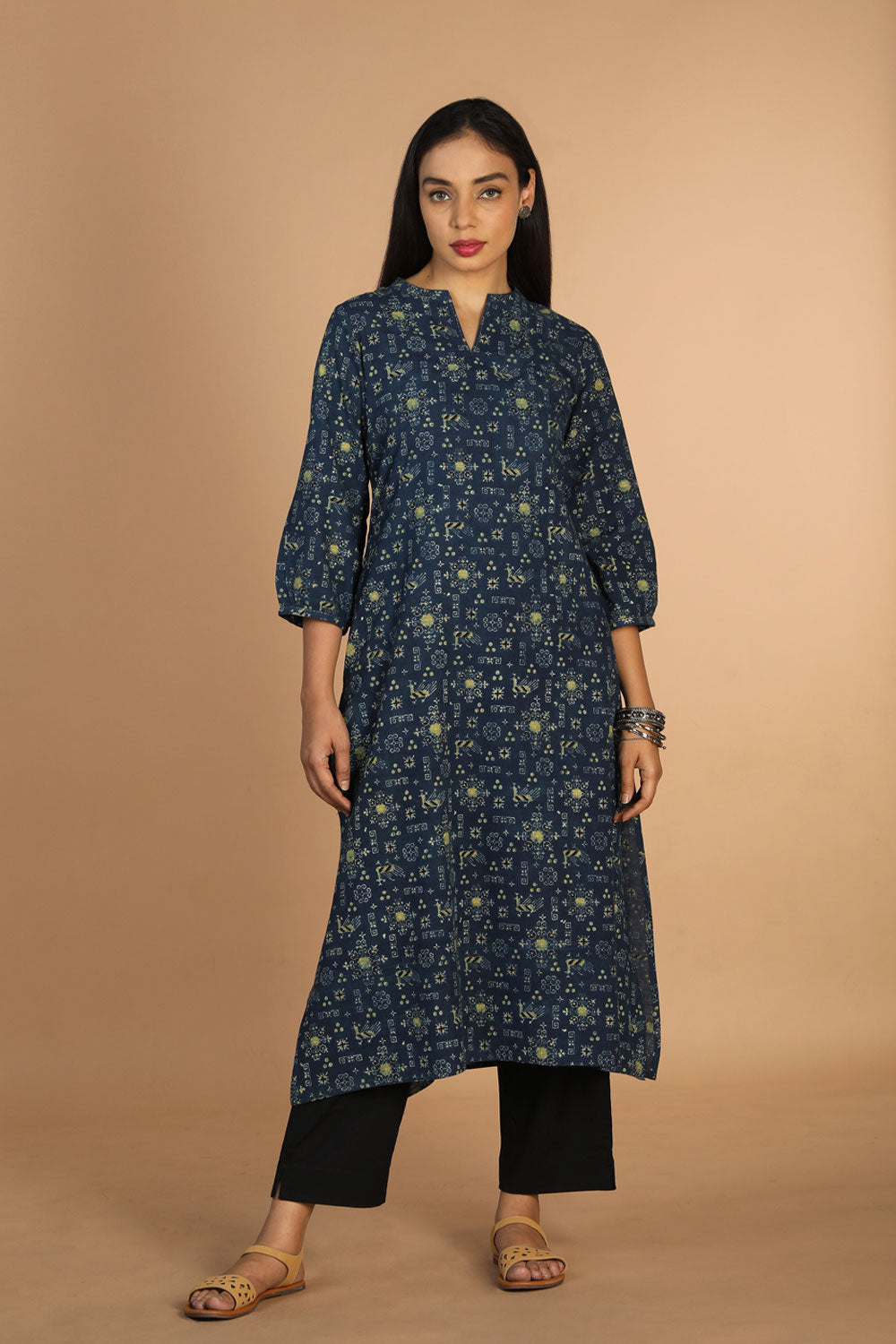 Collection of Indigo Ajrak Handblockprinted Cotton Kurta in a gallery layout