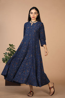 Collection of Indigo Ajrak handblockprinted panelled kurta in a gallery layout