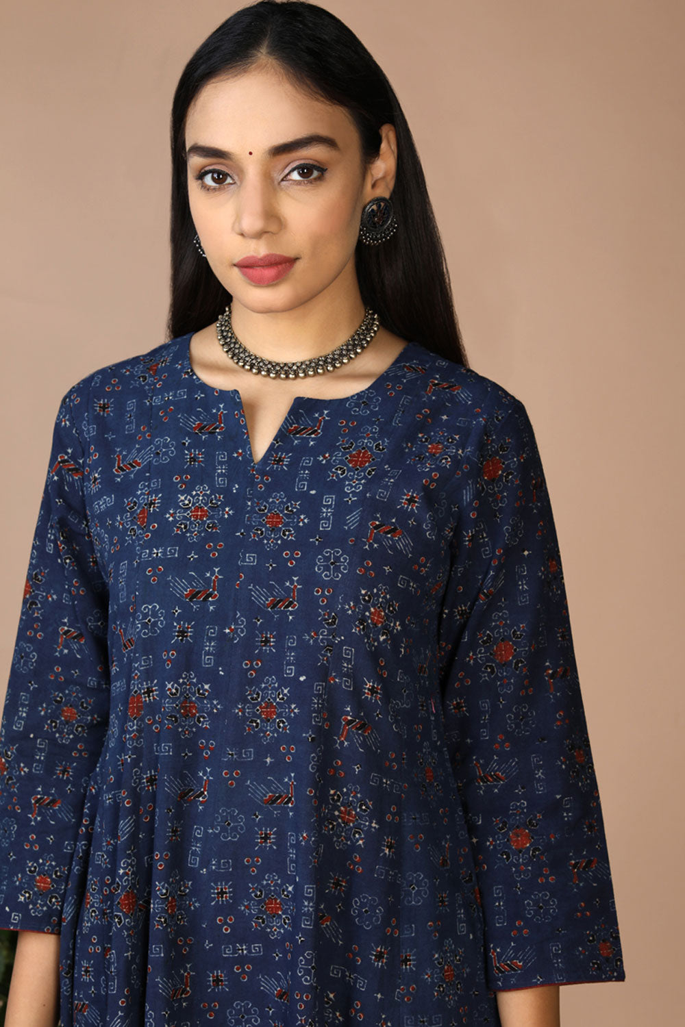 Collection of Indigo Ajrak handblockprinted panelled kurta in a gallery layout