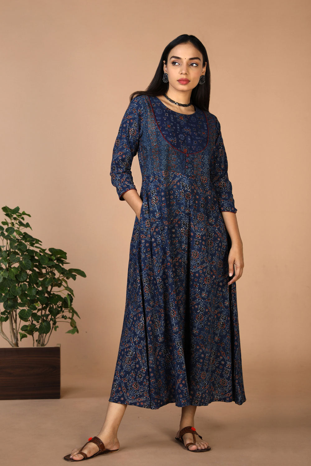 Collection of Indigo Ajrak handblockprinted long ethnic dress in a gallery layout