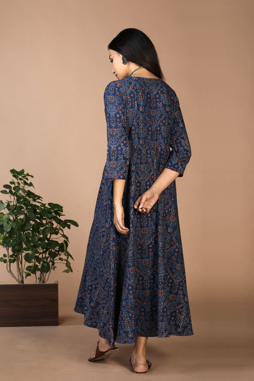 Collection of Indigo Ajrak handblockprinted long ethnic dress in a gallery layout