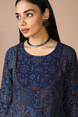 Collection of Indigo Ajrak handblockprinted long ethnic dress in a gallery layout