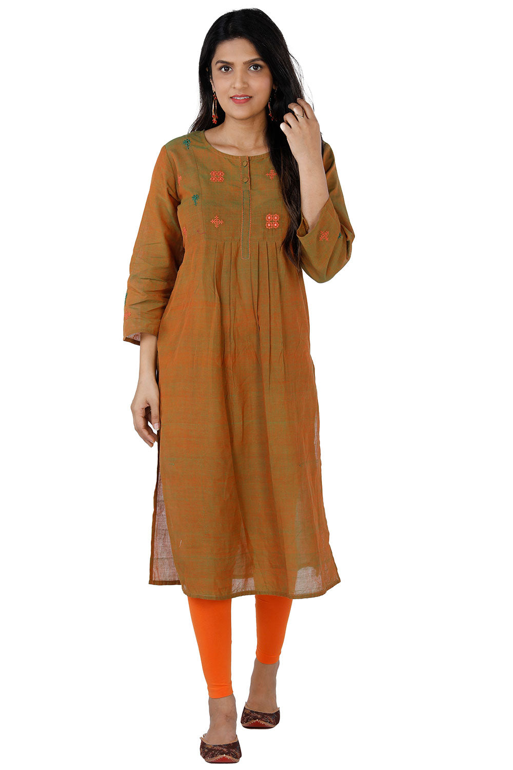 Collection of Hand woven straight fit mangalgiri cotton kurti with geometric embroidery in a gallery layout