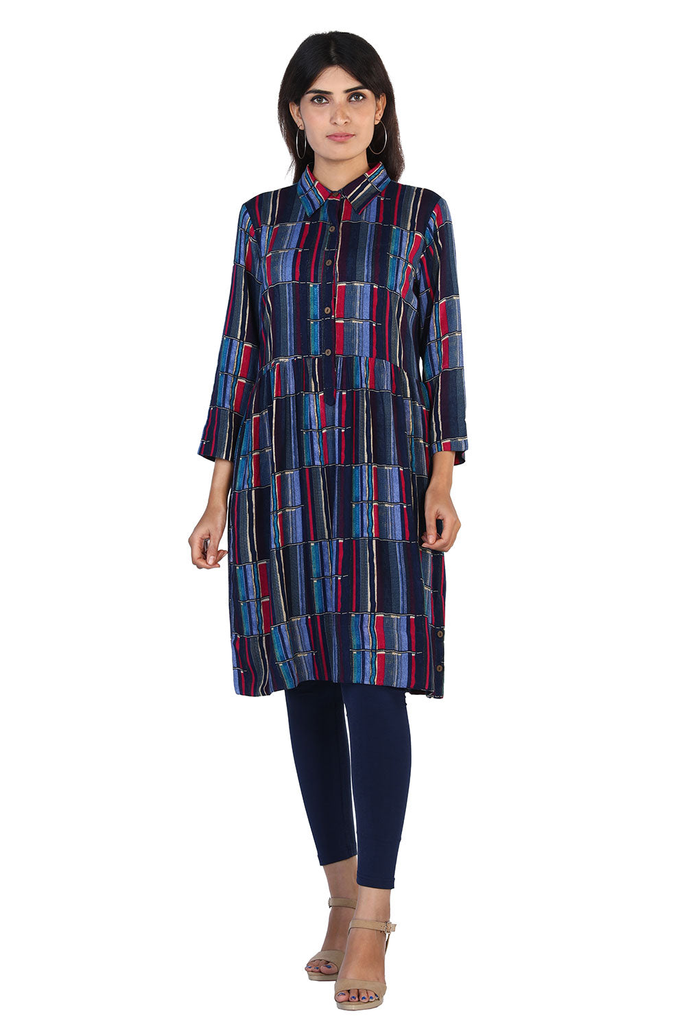 Collection of Striped printed gathered knee length Kurti in a gallery layout