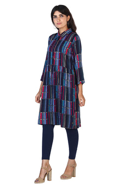 Collection of Striped printed gathered knee length Kurti in a gallery layout