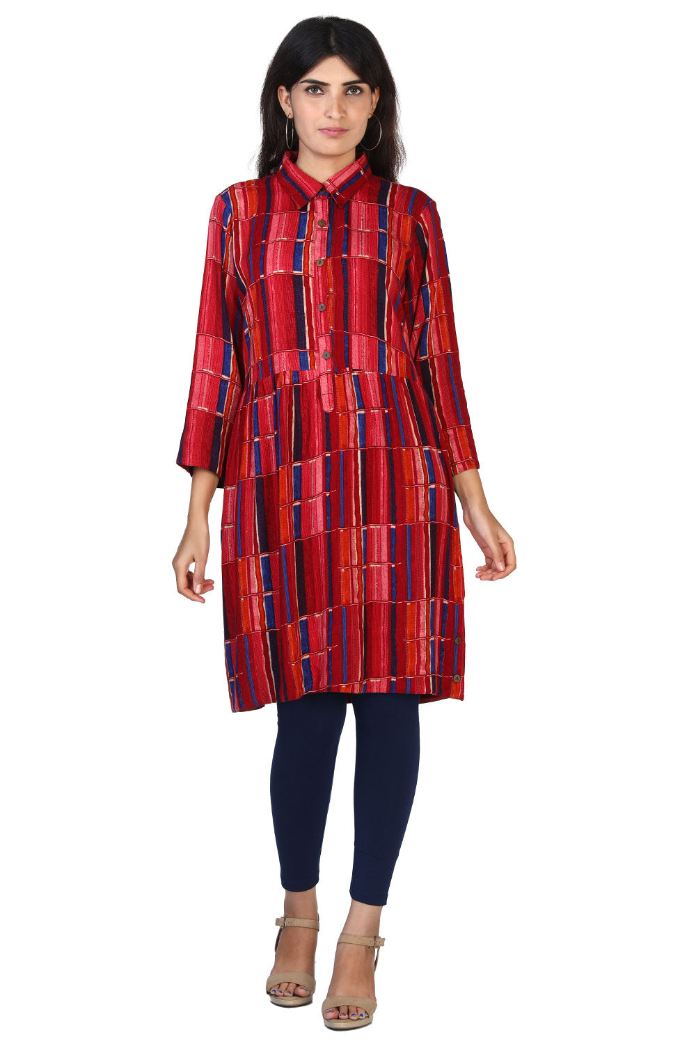 Collection of Striped printed gathered knee length Kurti in a gallery layout