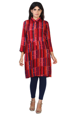 Collection of Striped printed gathered knee length Kurti in a gallery layout