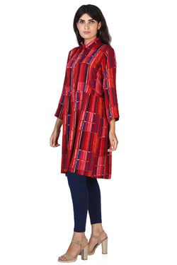 Collection of Striped printed gathered knee length Kurti in a gallery layout