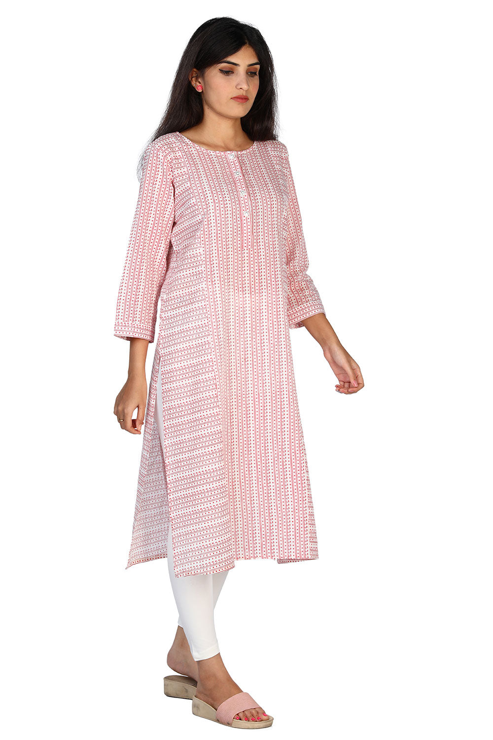 Collection of Red stripe print panelled long kurti in a gallery layout