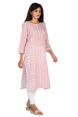 Collection of Red stripe print panelled long kurti in a gallery layout