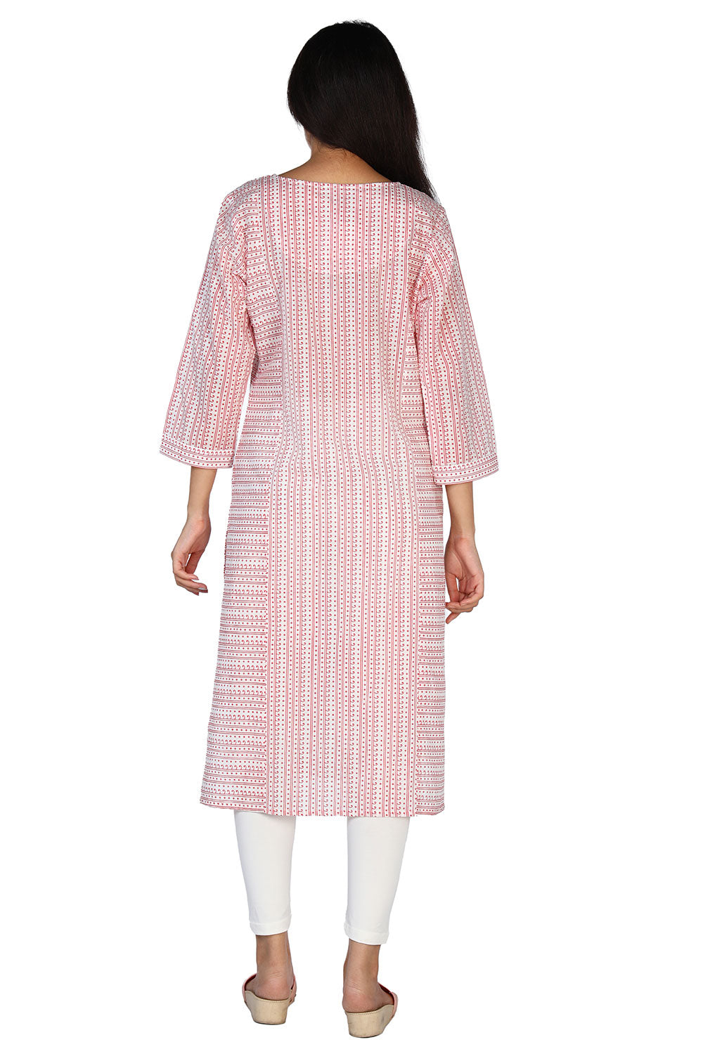 Collection of Red stripe print panelled long kurti in a gallery layout