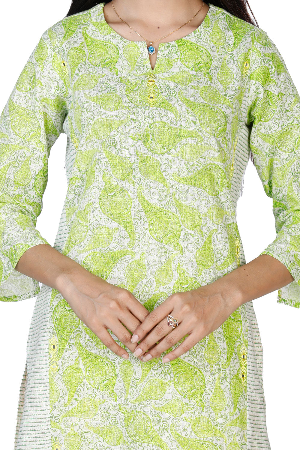 Collection of Lime green straight kurti in Ã¢â‚¬Å“shankÃ¢â‚¬Â in a gallery layout