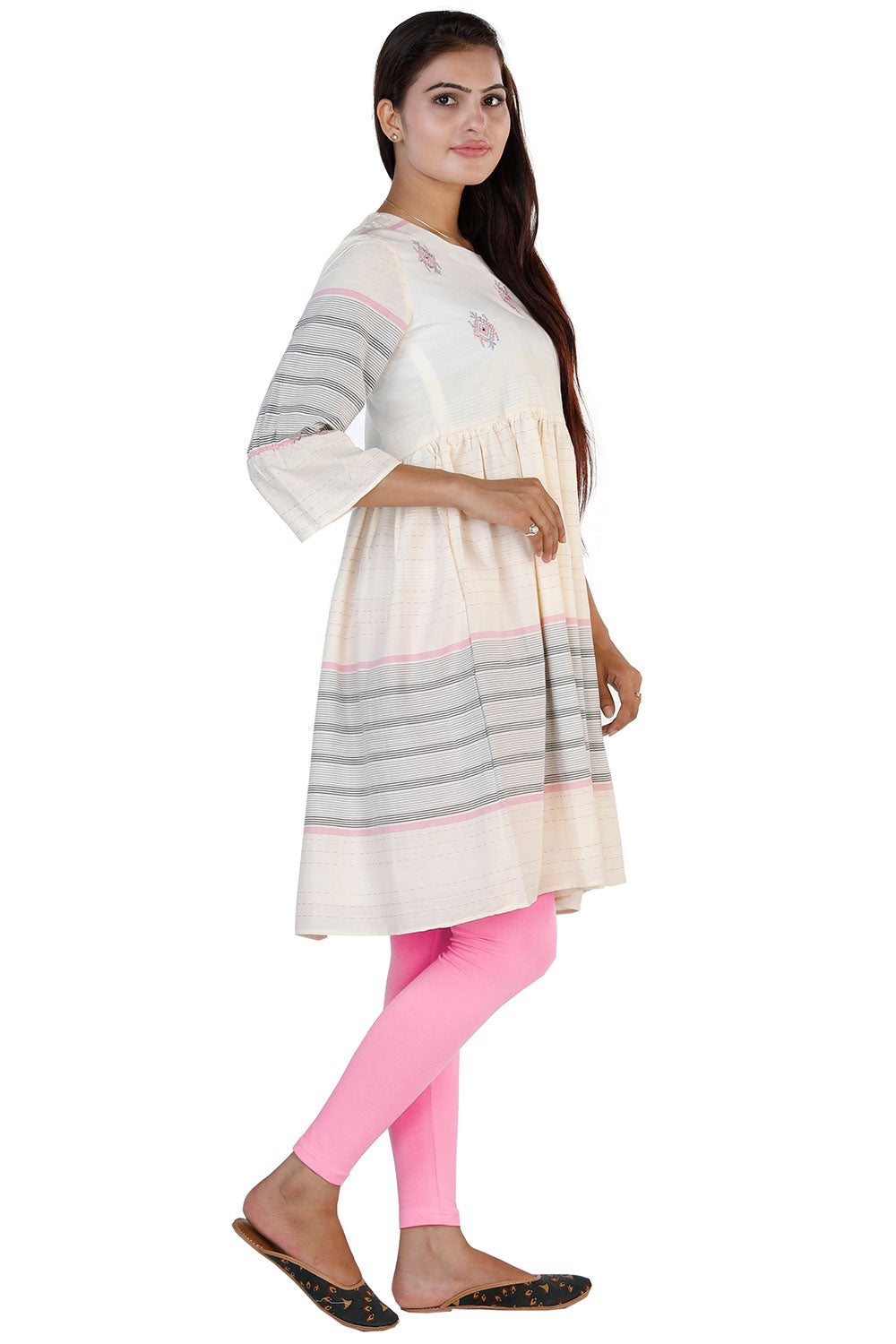 Collection of Embroidered woven stripedgathered cotton kurti. in a gallery layout