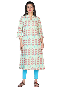 Collection of Pista green cotton ikat kurti in a gallery layout