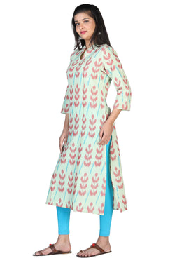 Collection of Pista green cotton ikat kurti in a gallery layout