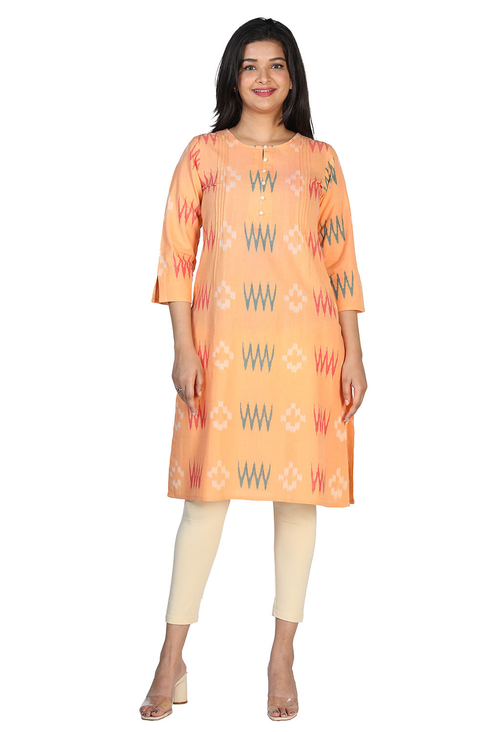 Collection of Orange peel cotton ikkat kurti in a gallery layout