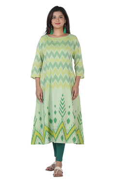 Collection of Sap green mercerized handwoven cotton Ikat long kurti in a gallery layout