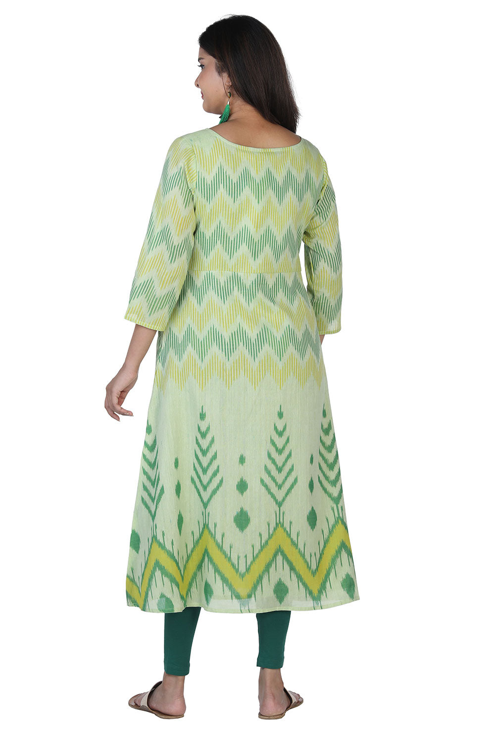 Collection of Sap green mercerized handwoven cotton Ikat long kurti in a gallery layout