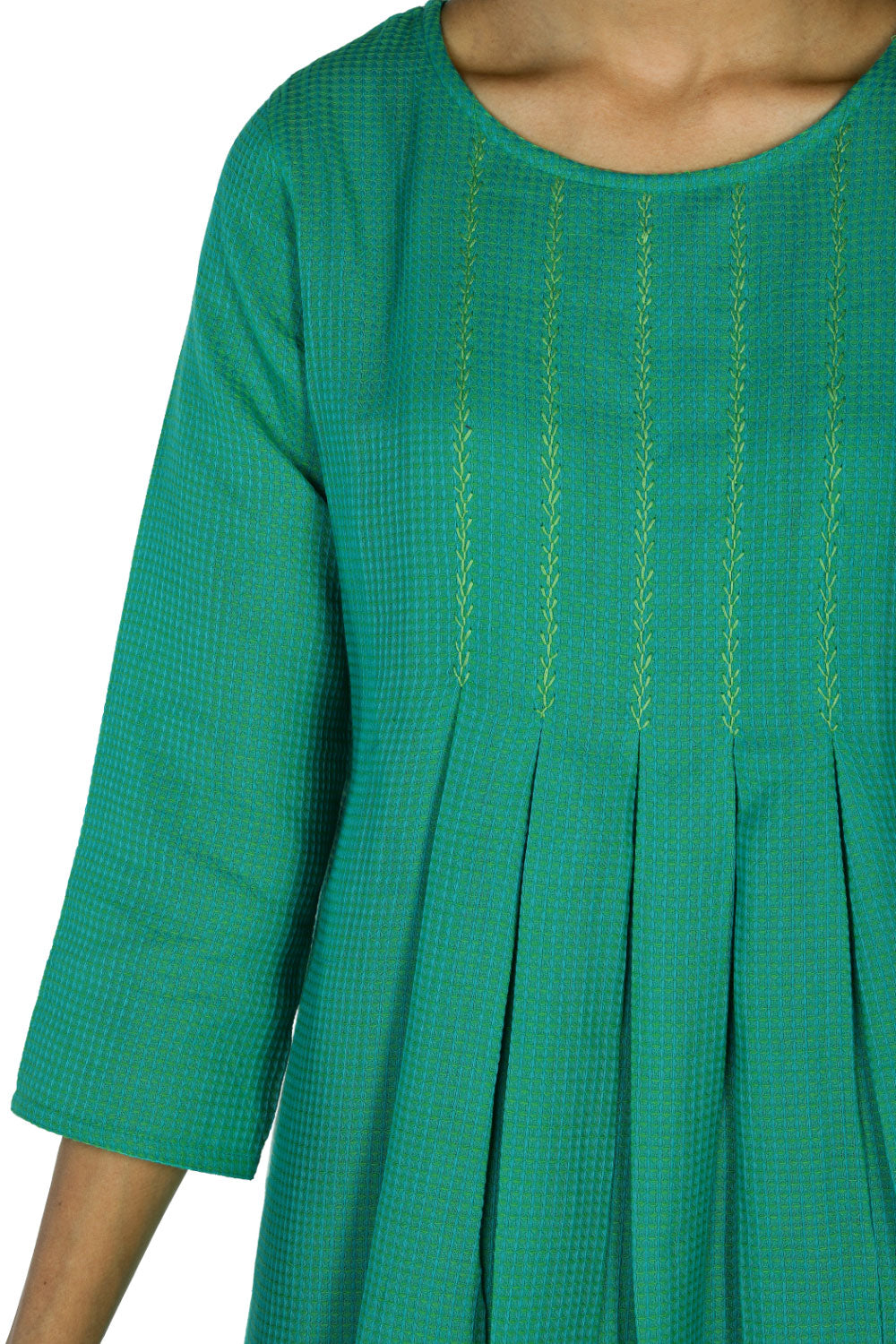 Collection of Emerald green woven cotton kurti in a gallery layout