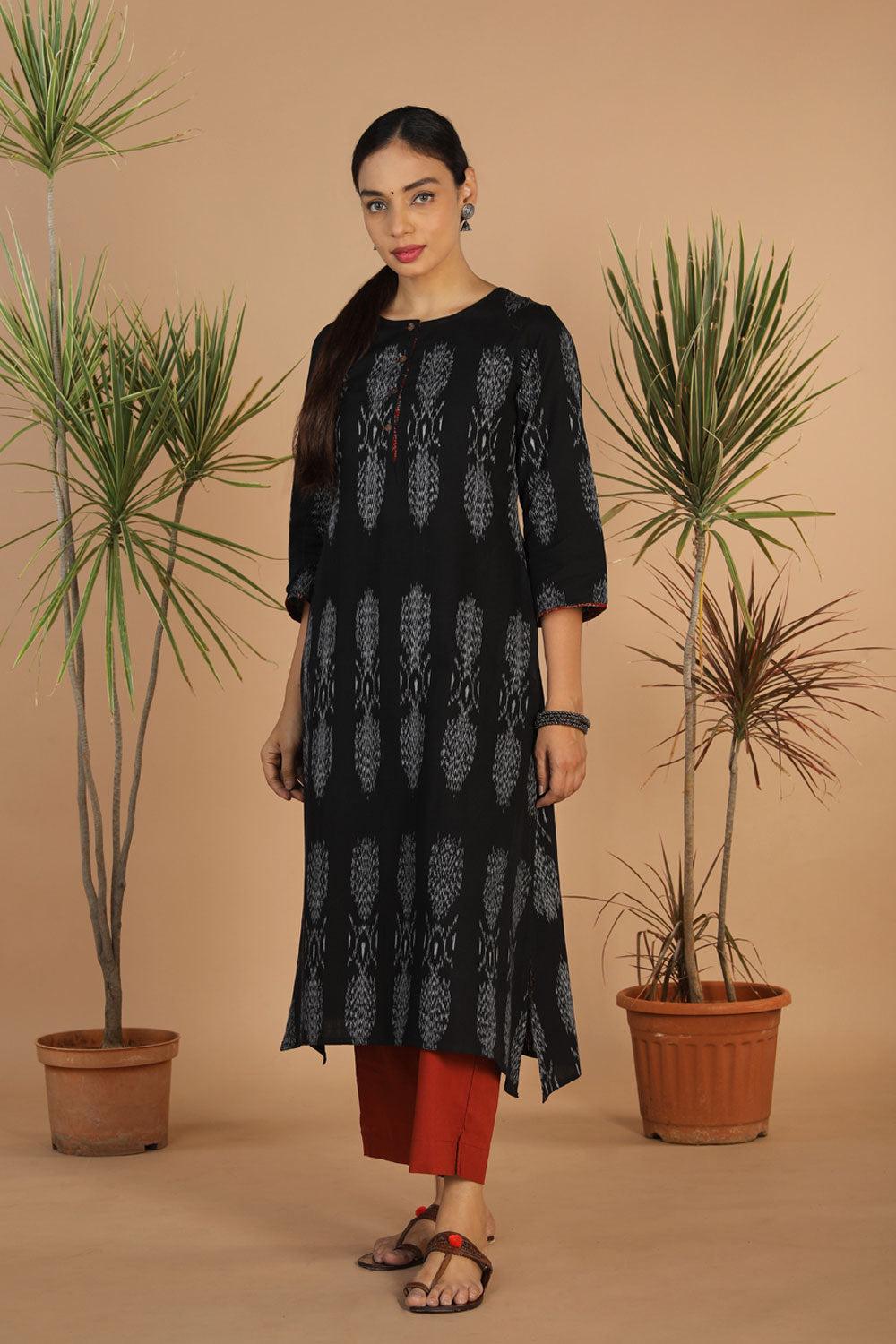 Collection of Deep Black Pochampally Ikat Kurta in a gallery layout