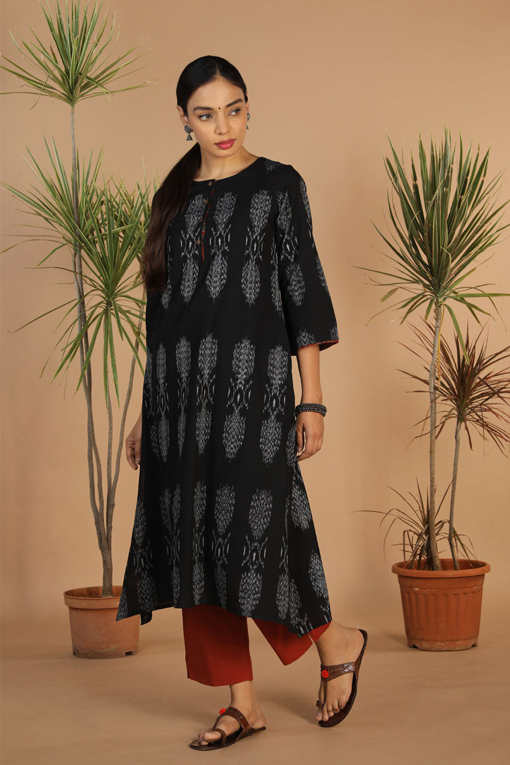 Collection of Deep Black Pochampally Ikat Kurta in a gallery layout