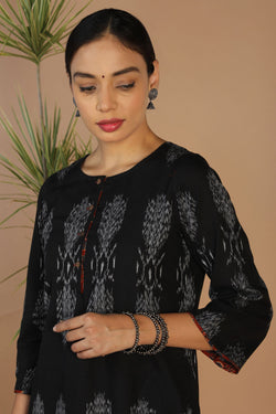 Collection of Deep Black Pochampally Ikat Kurta in a gallery layout