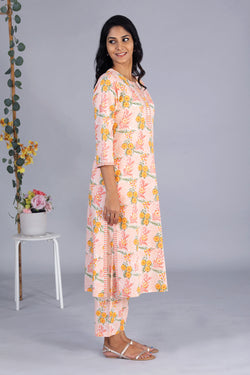 Collection of Handblock Printed Orange Kurti And Pants Set in a gallery layout