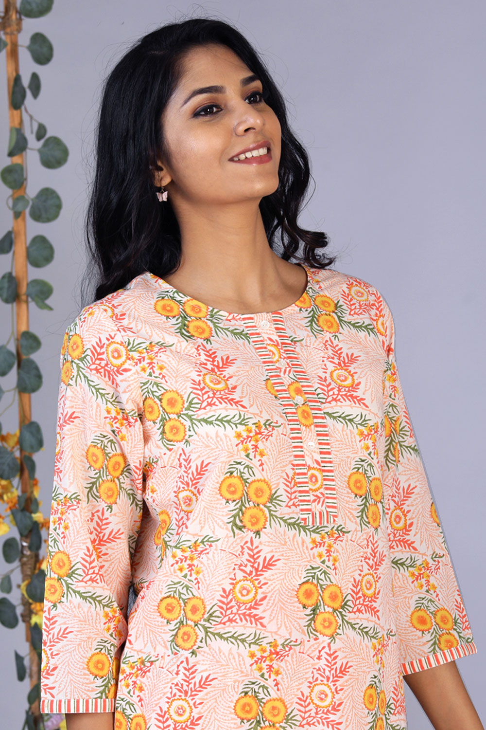 Collection of Handblock Printed Orange Kurti And Pants Set in a gallery layout