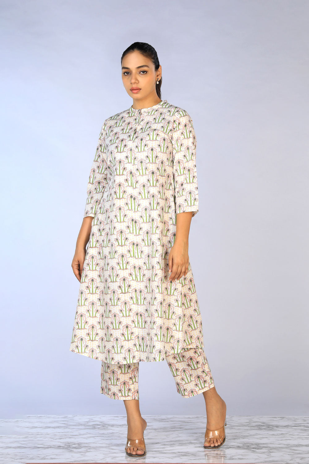 Collection of Off - White A- Line Handblock Printed 2 Piece Kurti With Pants Set in a gallery layout