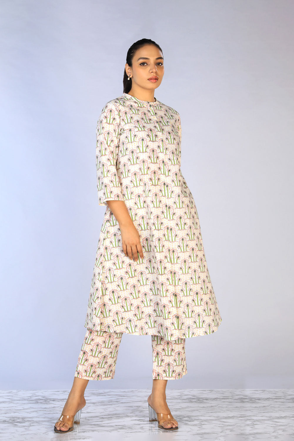 Collection of Off - White A- Line Handblock Printed 2 Piece Kurti With Pants Set in a gallery layout