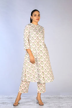 Collection of Off - White A- Line Handblock Printed 2 Piece Kurti With Pants Set in a gallery layout