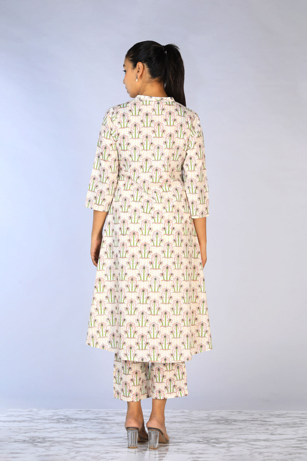 Collection of Off - White A- Line Handblock Printed 2 Piece Kurti With Pants Set in a gallery layout