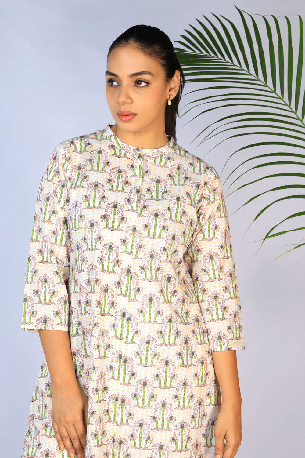 Collection of Off - White A- Line Handblock Printed 2 Piece Kurti With Pants Set in a gallery layout