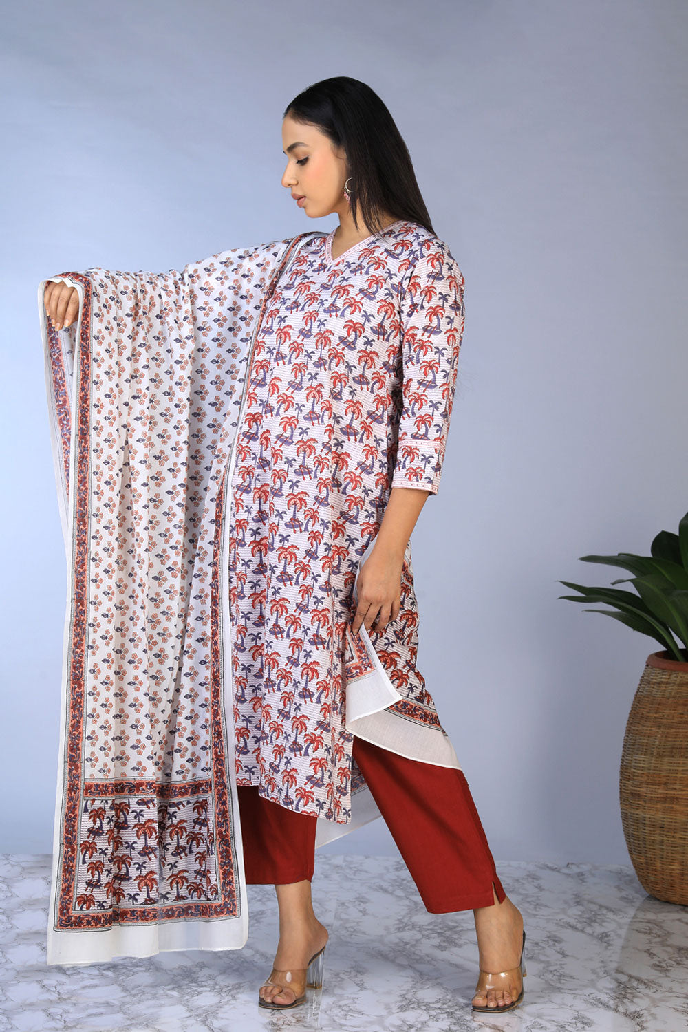 Handblock Printed Straight Fit Kurti With dupatta 2 Piece Set.