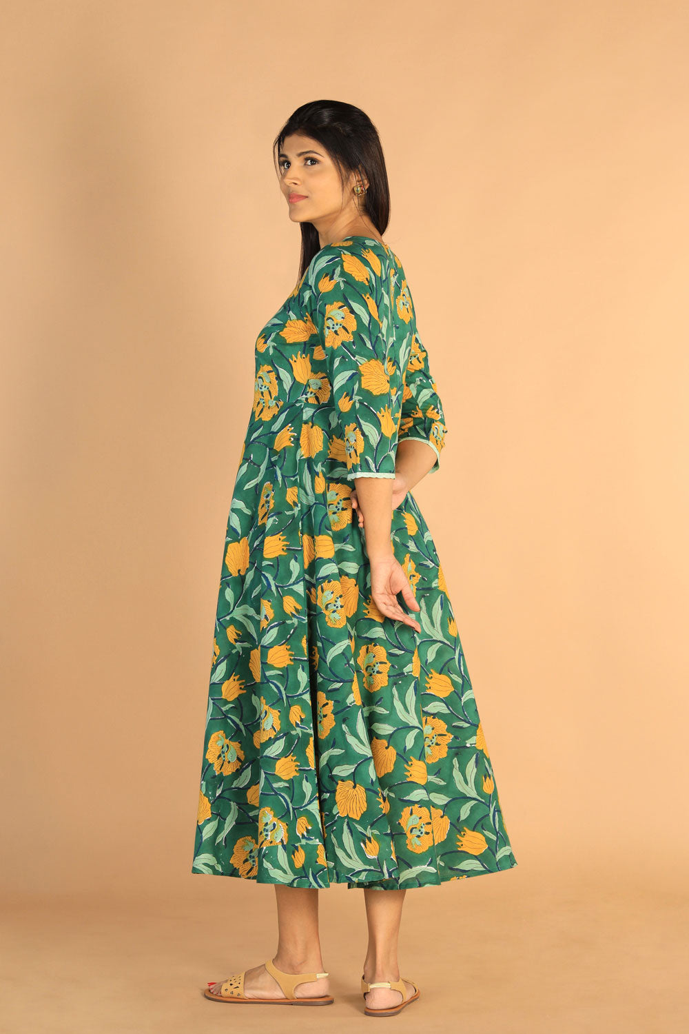 Collection of Floral Sanganeri Hand Blockprinted Cotton Dress in a gallery layout