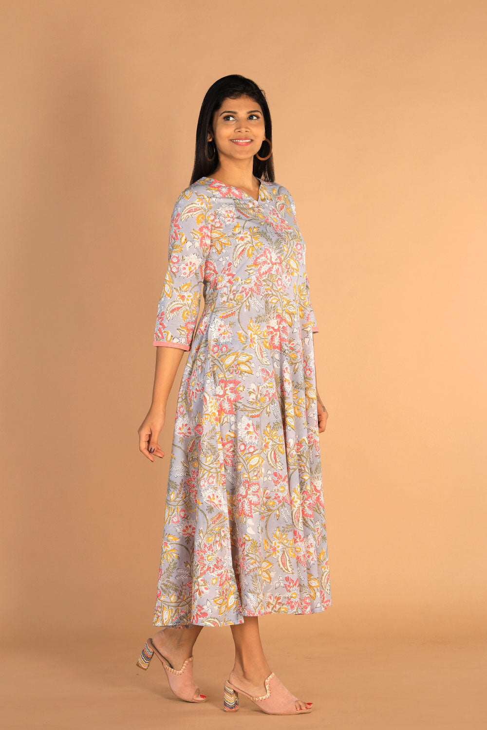 Collection of Floral Sanganeri Hand Blockprinted Cotton Dress in a gallery layout