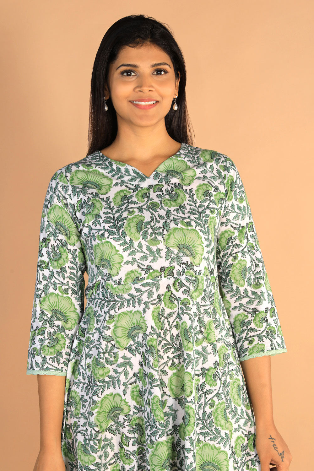 Collection of Floral Sanganeri Hand Blockprinted Cotton Dress in a gallery layout