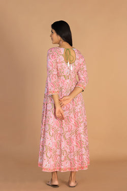 Collection of Block Printed Rose Pink Mirror Embroidered Anarkali in a gallery layout