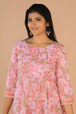 Collection of Block Printed Rose Pink Mirror Embroidered Anarkali in a gallery layout