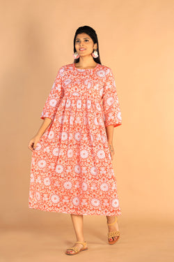 Collection of Floral Sanganeri Hand Blockprinted Cotton Dress in a gallery layout