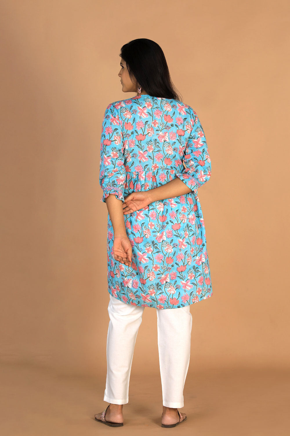 Collection of Block Printed Gathered Cotton Short Kurti in a gallery layout