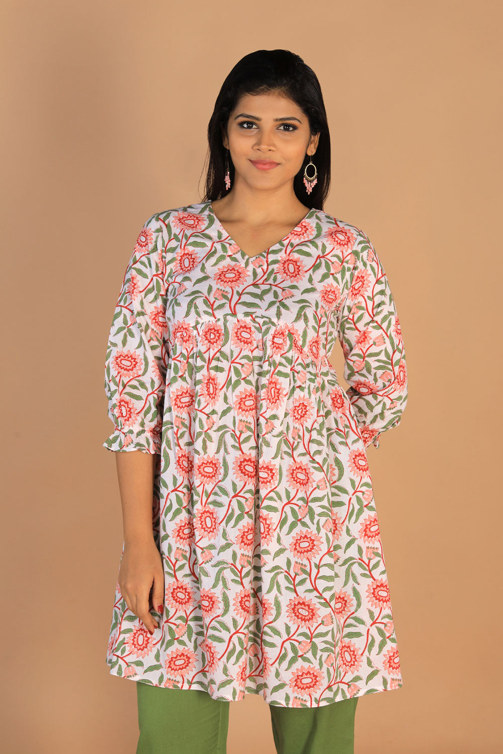 Collection of Block Printed Gathered Cotton Short Kurti in a gallery layout